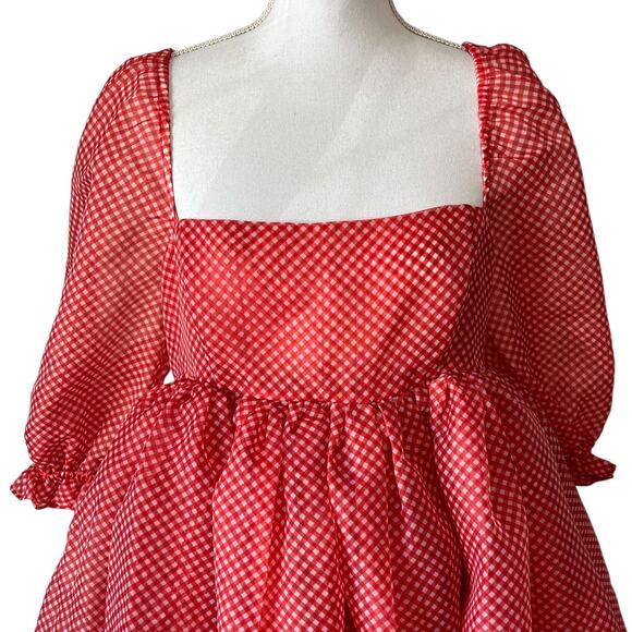 Selkie The Baby Gingham Puff Dress Sleeve Check Red Mini Princess Size L - Picture 6 of 10